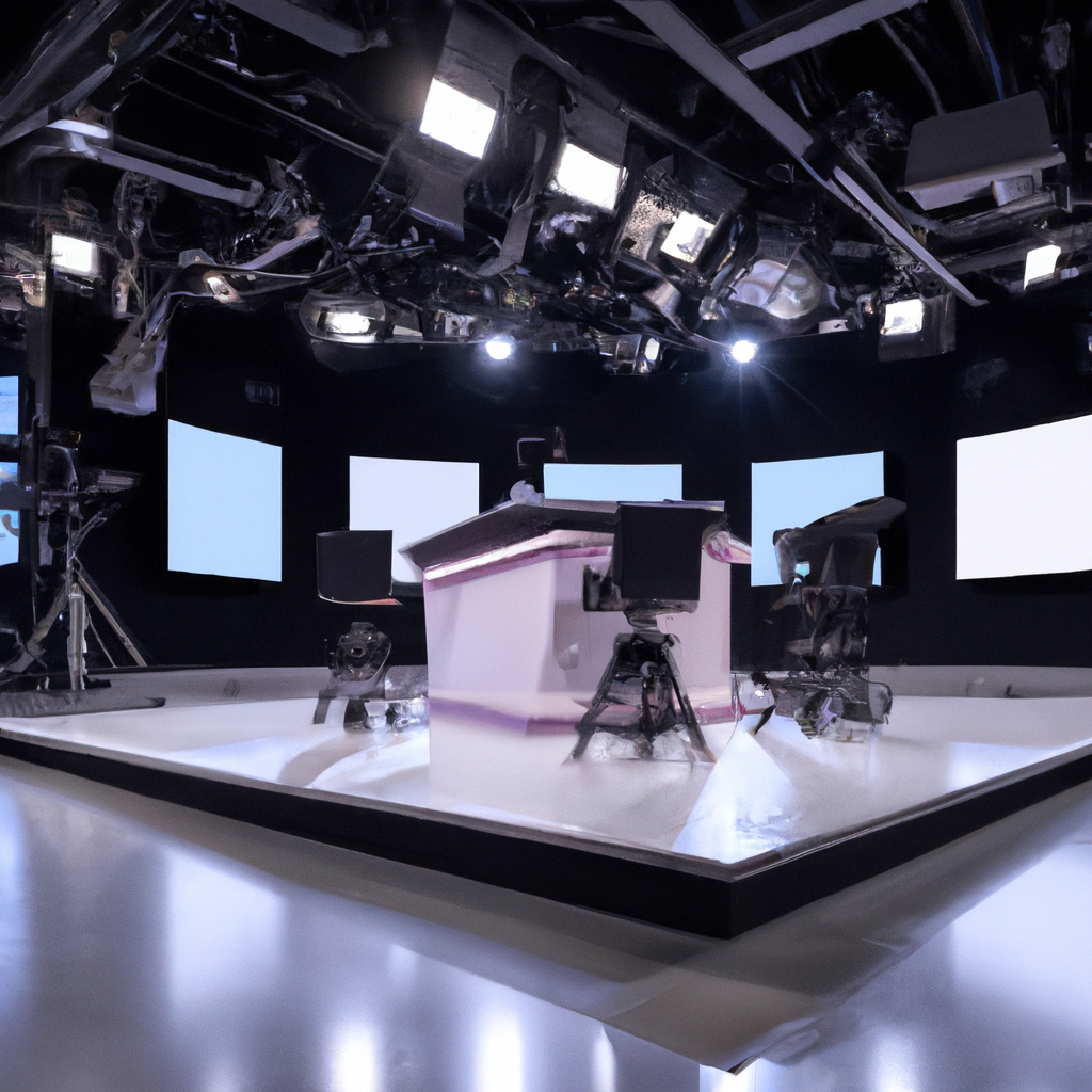 Minimalist broadcast news studio with LED panels and reflective floor